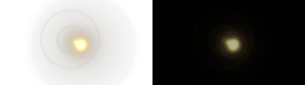 Bright light flare object with circular glare effects. Golden glowing spot, sun burst beam, optical exposure overlay for video editing and modern visual projects.