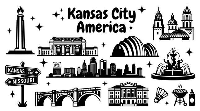 Kansas City Missouri America landmarks featuring Liberty Memorial Union Station Country Club Plaza Kauffman Center historic fountains skyline bridges vector illustration set for tourism travel