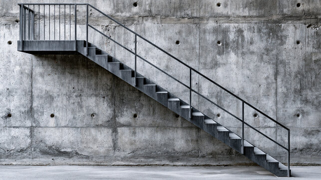 Concrete Staircase Ascending: An industrial metal staircase with a railing ascends against a stark concrete wall, creating a minimalist and modern architectural composition.