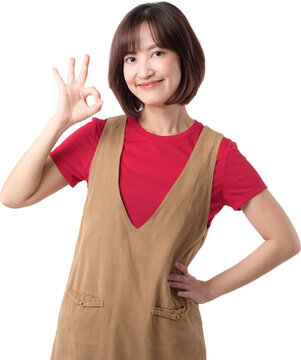 Happy cheerful young asian woman showing okay hand gesture isolated on transparency background with copy space