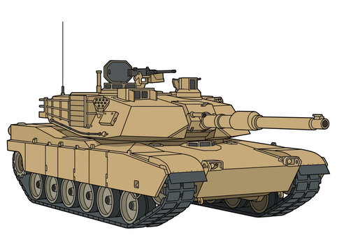 Modern Desert Main Battle Tank Illustration, Armored Military Vehicle, M1 Abrams Style Tank Vector Isolated on White