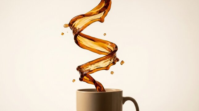 Coffee splash spiraling upward in twisting ribbon from mug