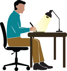 Fototapeta premium Young man drawing or writing at a desk with a table lamp vector illustration
