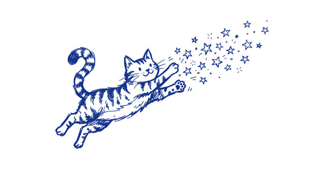 Blue pen sketch of a playful tabby cat jumping towards stars