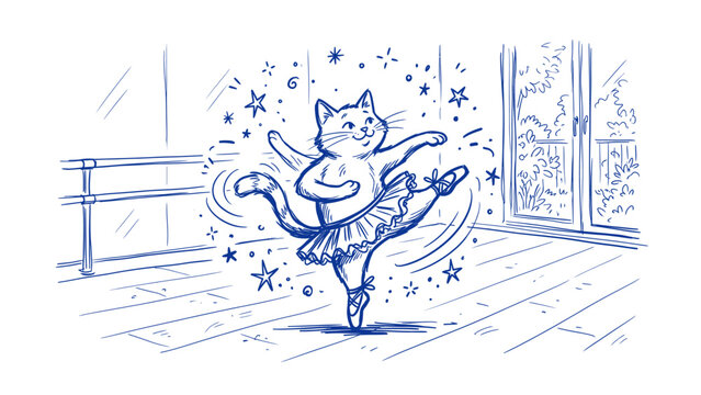 Whimsical blue ink sketch of a cute cat dancing ballet in a studio