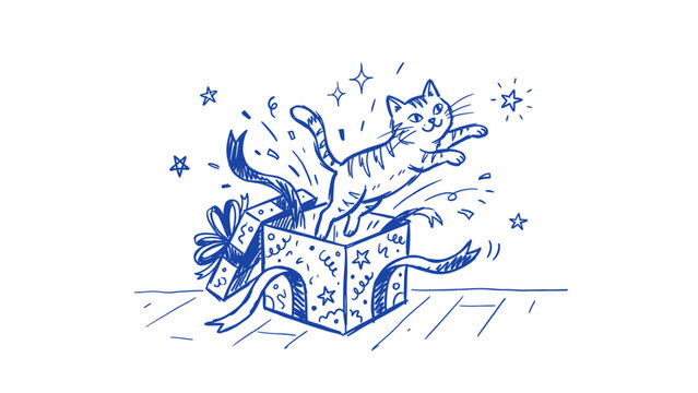Blue Ink Sketch of a Cute Cat Jumping Out of a Gift Box Surprise