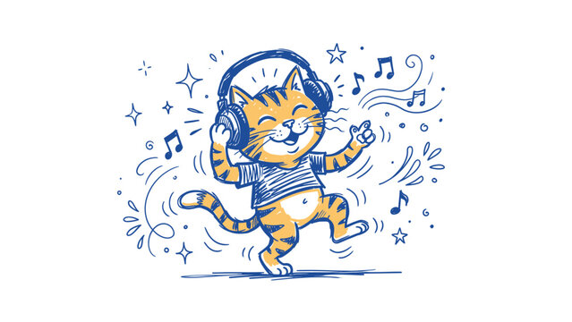 Doodle Illustration of a Joyful Ginger Cat Dancing with Headphones