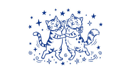 Obraz premium Whimsical Blue Line Art Illustration of Two Cats Dancing Among Stars