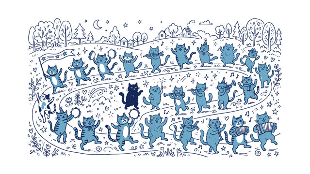 Whimsical Blue Line Art Illustration of a Cat Parade Playing Instruments