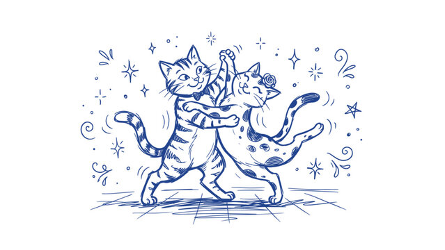 Whimsical Blue Ink Line Art Illustration of Two Cats Dancing