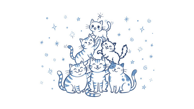 Hand Drawn Illustration of Cute Cats in a Pyramid with Stars