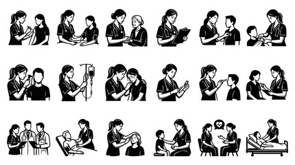 Fototapeta premium Medical Healthcare Nurse and Patient Care Glyph Icons Set. Black and White Silhouette Vector Illustrations.