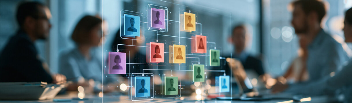 Organizational Chart in Meeting: A holographic organizational chart with colorful user profile icons floats above a conference table, with blurred business professionals in the background.