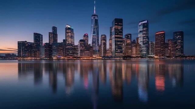 Lower Manhattan Skyline at Dusk with Hudson River Reflection