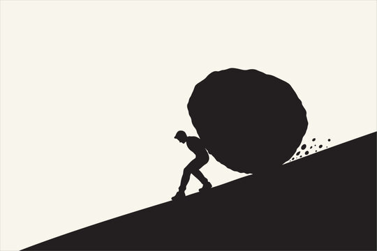 Silhouette of a person holding back a giant boulder on a steep slope, symbolizing resilience against economic decline, financial pressure, survival, and persistence. Vector illustration.