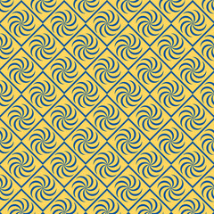 Fototapeta premium Royal Blue Spiral Seamless Geometric Pattern with Diamond Grid on Golden Yellow Background