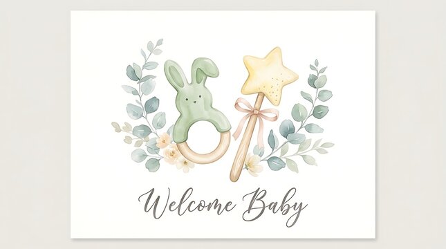 Welcome Baby greeting card design featuring a cute gray bunny rattle and a yellow star wand with eucalyptus leaves