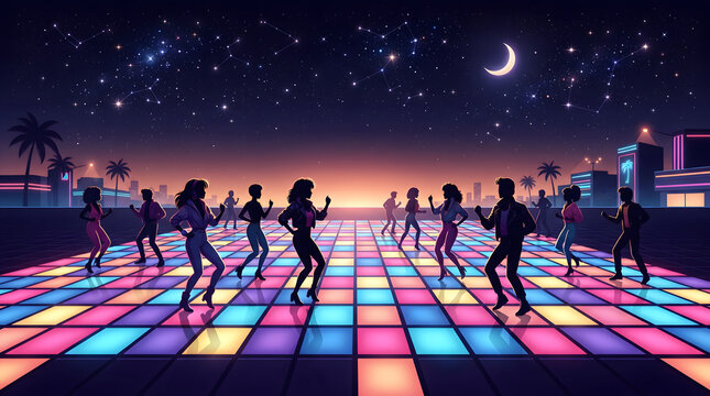 Retro 1980s synthwave outdoor disco party with glowing dance floor and dancing silhouettes under starry night sky