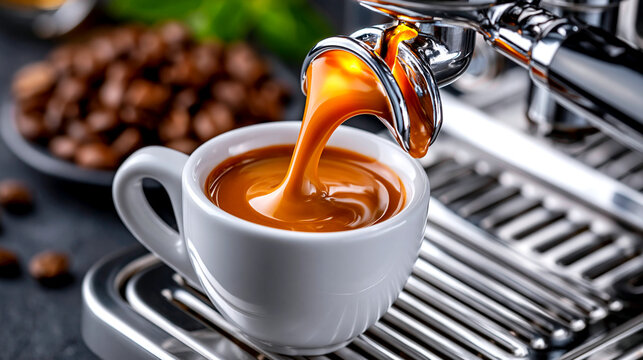 Fresh espresso coffee pouring from machine into white cup with crema, coffee beans in background