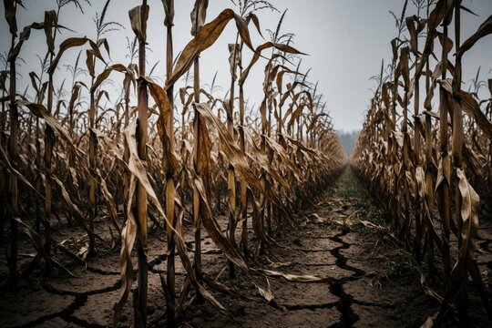 Parched corn stalks line a cracked earth field under a hazy sky. Agriculture faces ruin from prolonged dry weather and intense heat. Crop failure brings despair to rural land.