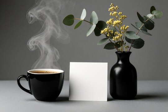 Black coffee cup with steam sits next to a white card and a black vase holding eucalyptus branches and yellow flowers. Minimalist still life arrangement on gray studio table.