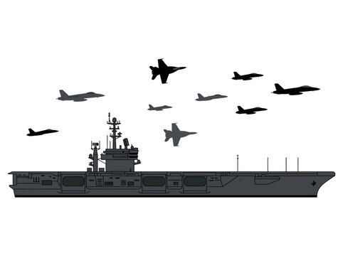 Military Aircraft Carrier Silhouette with Fighter Jets Flying Overhead Isolated on White Background