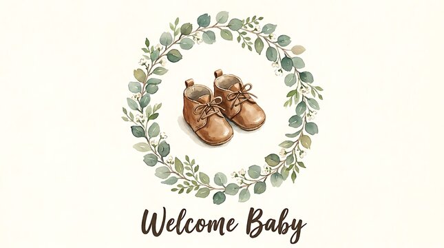 Welcome baby watercolor illustration with small brown leather shoes inside a beautiful green leaf wreath frame