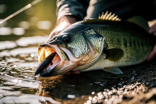 Fisherman holds big largemouth bass fish by lake shore at sunset. Man hands grip fresh caught animal with lure in open mouth. Outdoor sport activity near water during summer vacation. Wildlife catch