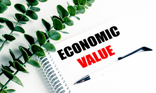 Economic value text on spiral notebook with pen and green plant on white background