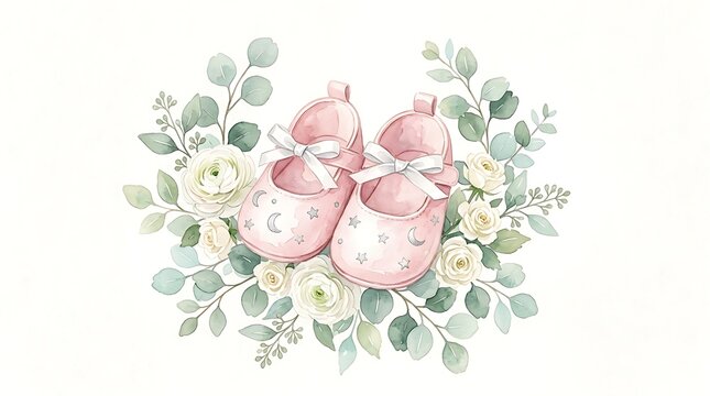 Cute pair of pink baby shoes decorated with delicate white flowers and green leaves in a beautiful watercolor style