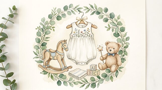 Baby clothes bodysuit with rocking horse and teddy bear toy inside a floral wreath frame for newborn nursery art