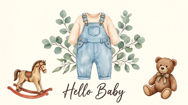 Cute baby clothes outfit with a rocking horse toy and a teddy bear and eucalyptus leaves for a nursery wall art