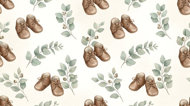Seamless pattern with cute brown baby leather shoes and gray watercolor leaves for nursery decor and textile design