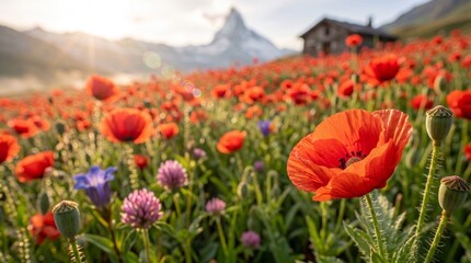 Naklejka premium Poppies field. A beautiful field of blooming poppies.