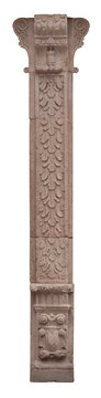 Elements of architectural decorations of buildings, columns and tops, gypsum molding, wall texture and stucco patterns. On the streets in Barcelona, public places.