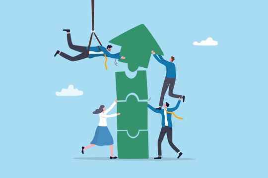 Teamwork strategy, company or organization to achieve success or business growth, work together or cooperation, support or help to finish work, business colleagues help connect growth arrow jigsaw.