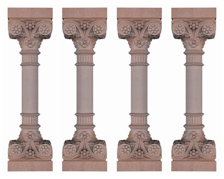 Elements of architectural decorations of buildings, columns and tops, gypsum molding, wall texture and stucco patterns. On the streets in Barcelona, public places.