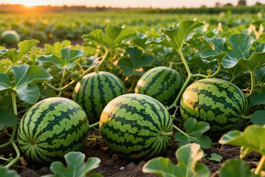 Ripe watermelons grow on vine in field. Green striped melons ripen under warm sunset light on fertile soil. Fresh natural summer fruit harvest closeup.