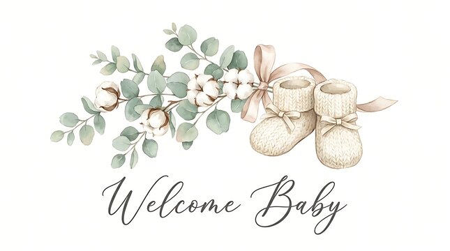Welcome baby lettering with cute infant shoes and a delicate branch of cotton flowers for a newborn greeting card