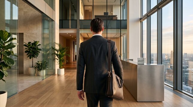 First business morning of 2027 as executive,  arrives at a luxury headquarters during sunrise