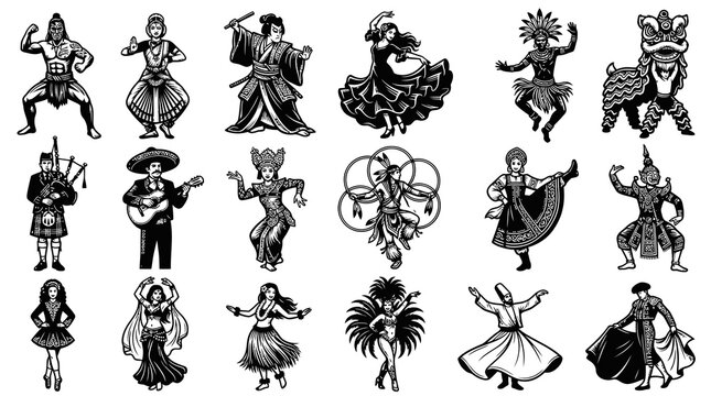 Traditional dancers and musicians from around the world, Black and White Line Art