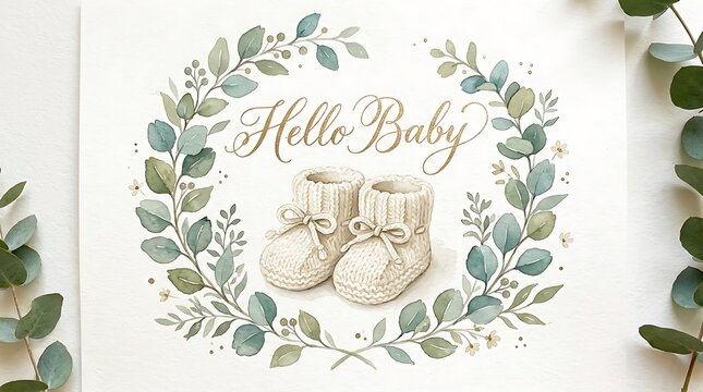 Hello Baby announcement card with cute knitted newborn booties inside a beautiful green eucalyptus leaf wreath