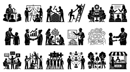 Obraz premium Business and Corporate Teamwork Glyph Icons Set - Leadership, Construction, Community Development Vector Illustrations