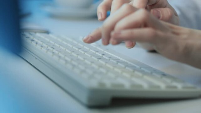 Timelapse Of Female Office Worker Typing On Laptop Keyboard