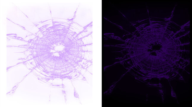 Shattered glass texture with radial cracks, broken purple glass spiderweb pattern on white and black backgrounds, damaged screen overlay effect