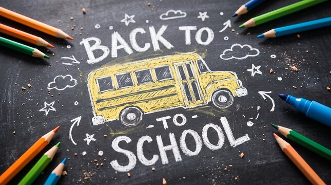 Back to school poster with chalk lettering, yellow school bus drawing and supplies