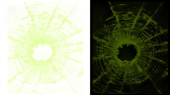 Shattered glass texture with bullet hole, green cracked glass effect on black and white backgrounds, broken window spiderweb pattern for composite design