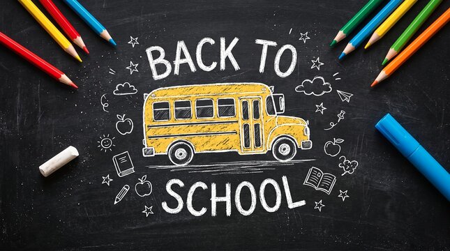Back to school poster with chalk lettering, yellow school bus drawing and supplies