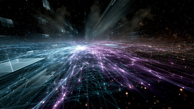 Cinematic 3D spatial computing grid with glowing cyan-violet holographic lines, floating geometric panels, and volumetric rays in a dark void. Clean negative space for web design and tech hero...