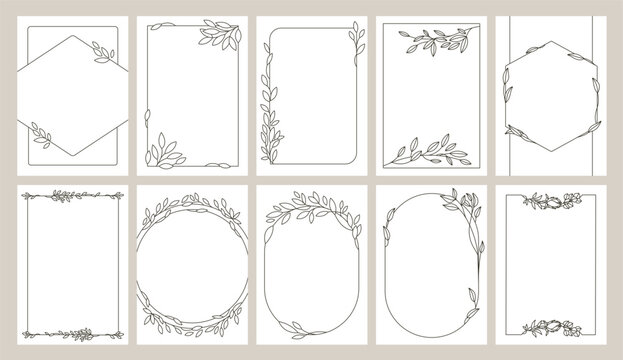 Minimalist floral line art frames and borders set for wedding invitations and greeting cards vector illustration